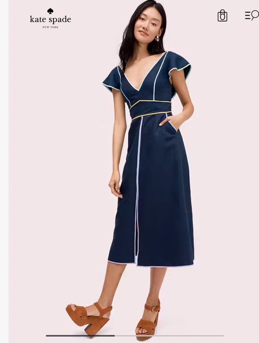 kate spade Navy V-Neck Midi Dress with Contrast Piping - Size 16